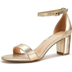 Party Womens Size 7 Shiny Gold Open Toe Ankle Strap 2.5" Block Heel Sandal Shoes